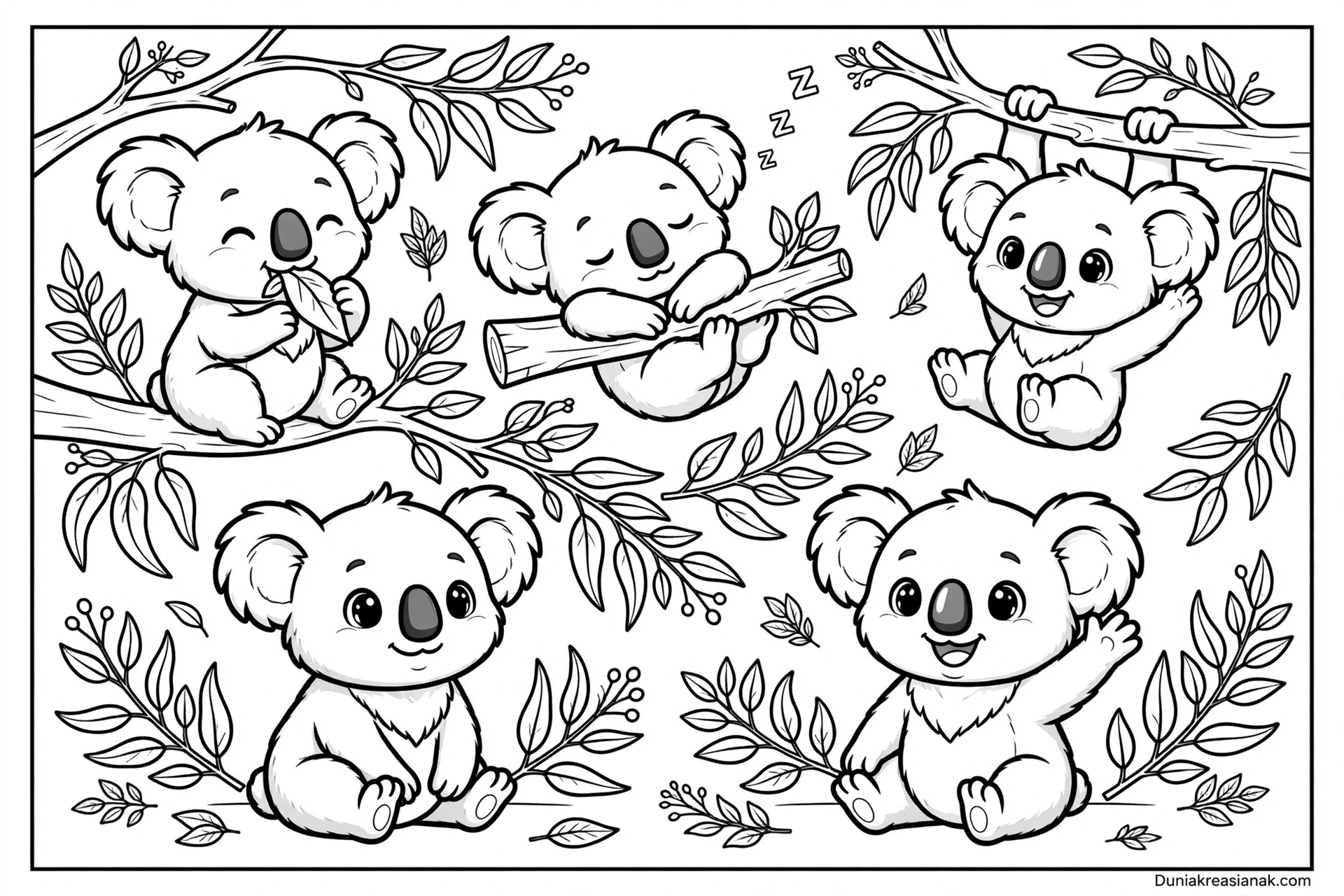 Coloring Page Koala Lucu Sedang Makan Daun di Pohon