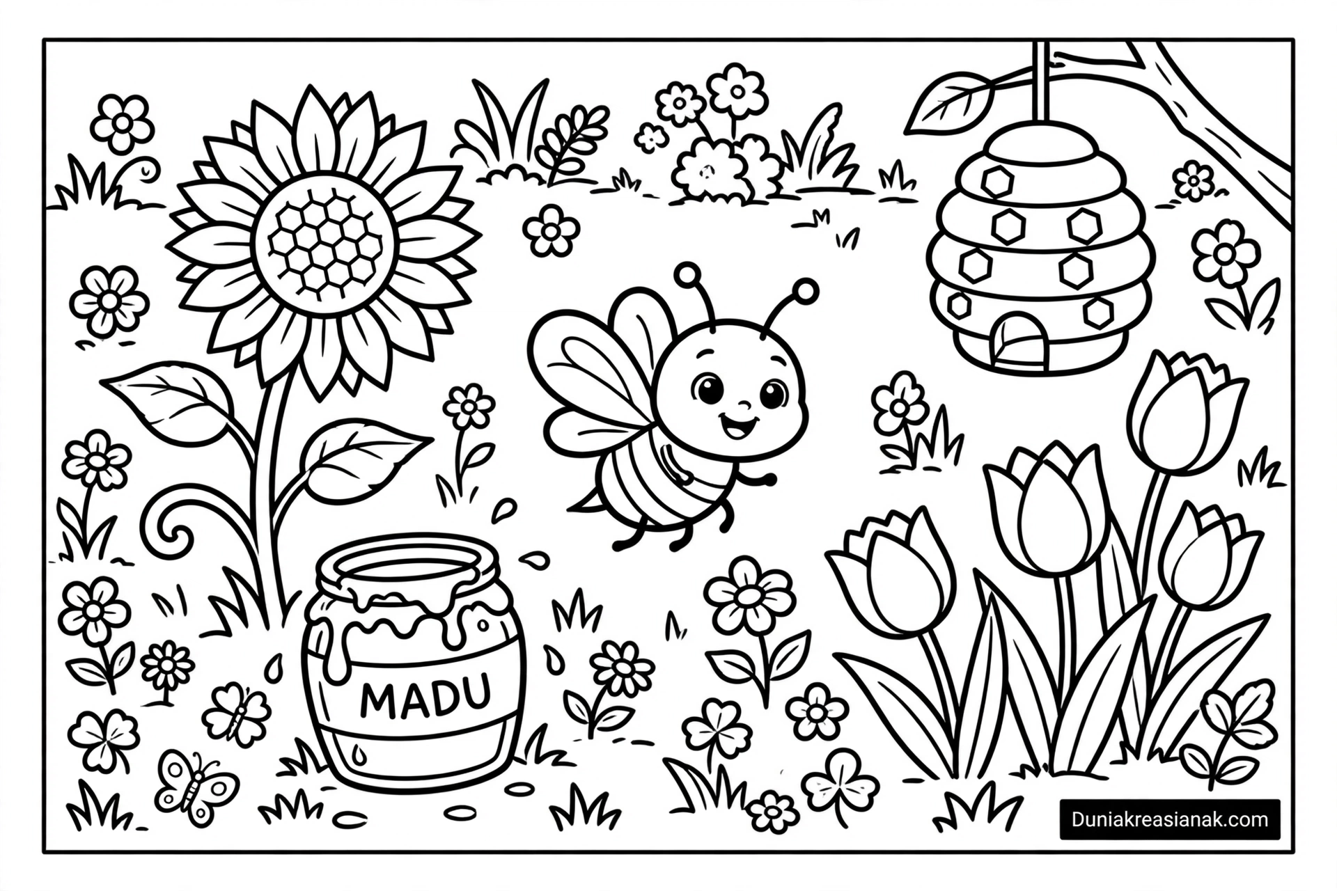 Coloring Page Lebah Ceria di Tengah Bunga Bermekaran 3 Coloring Page Lebah di Tengah Bunga Bermekaran