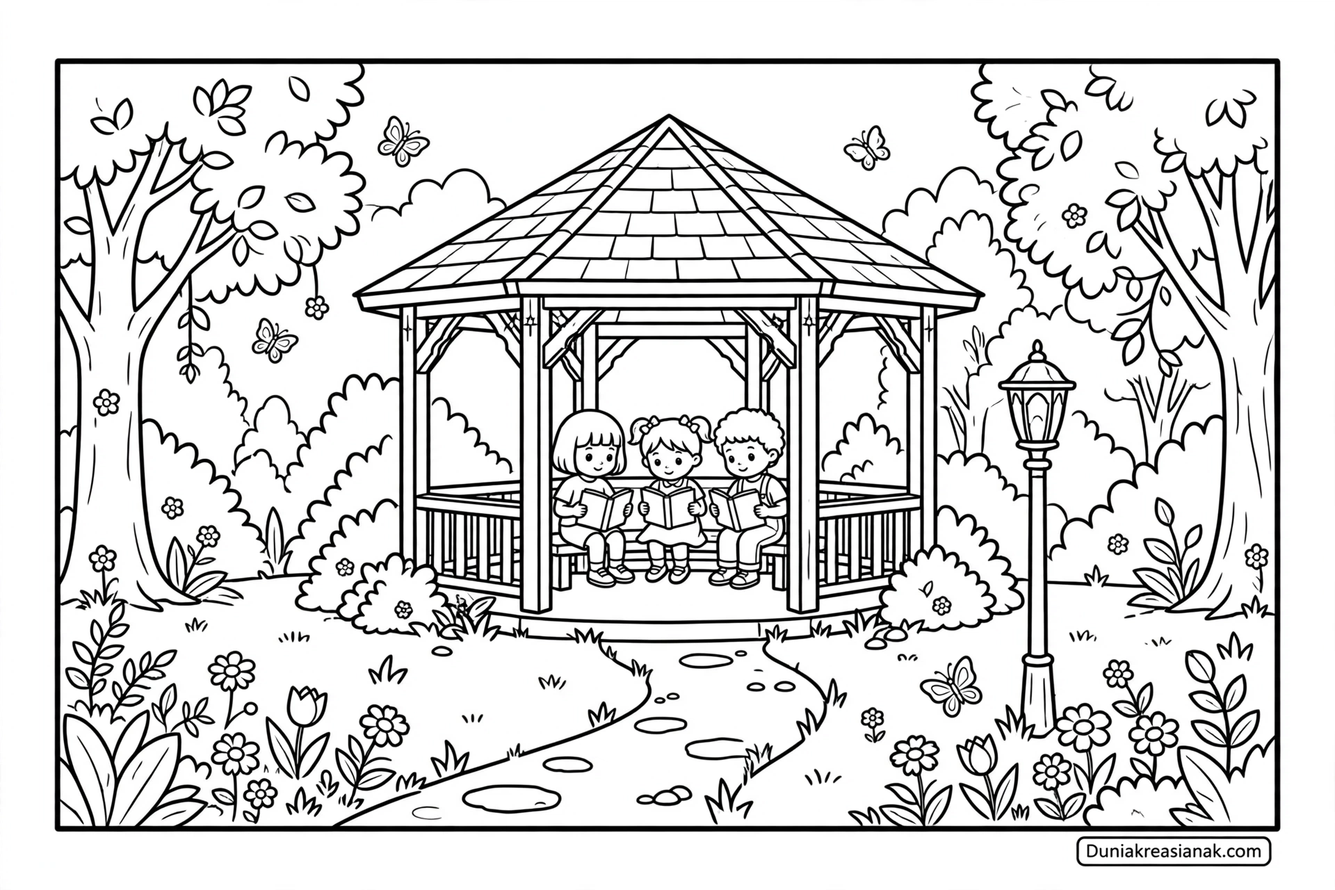 Coloring Page Mewarnai Sketsa Gazebo di Taman Estetik