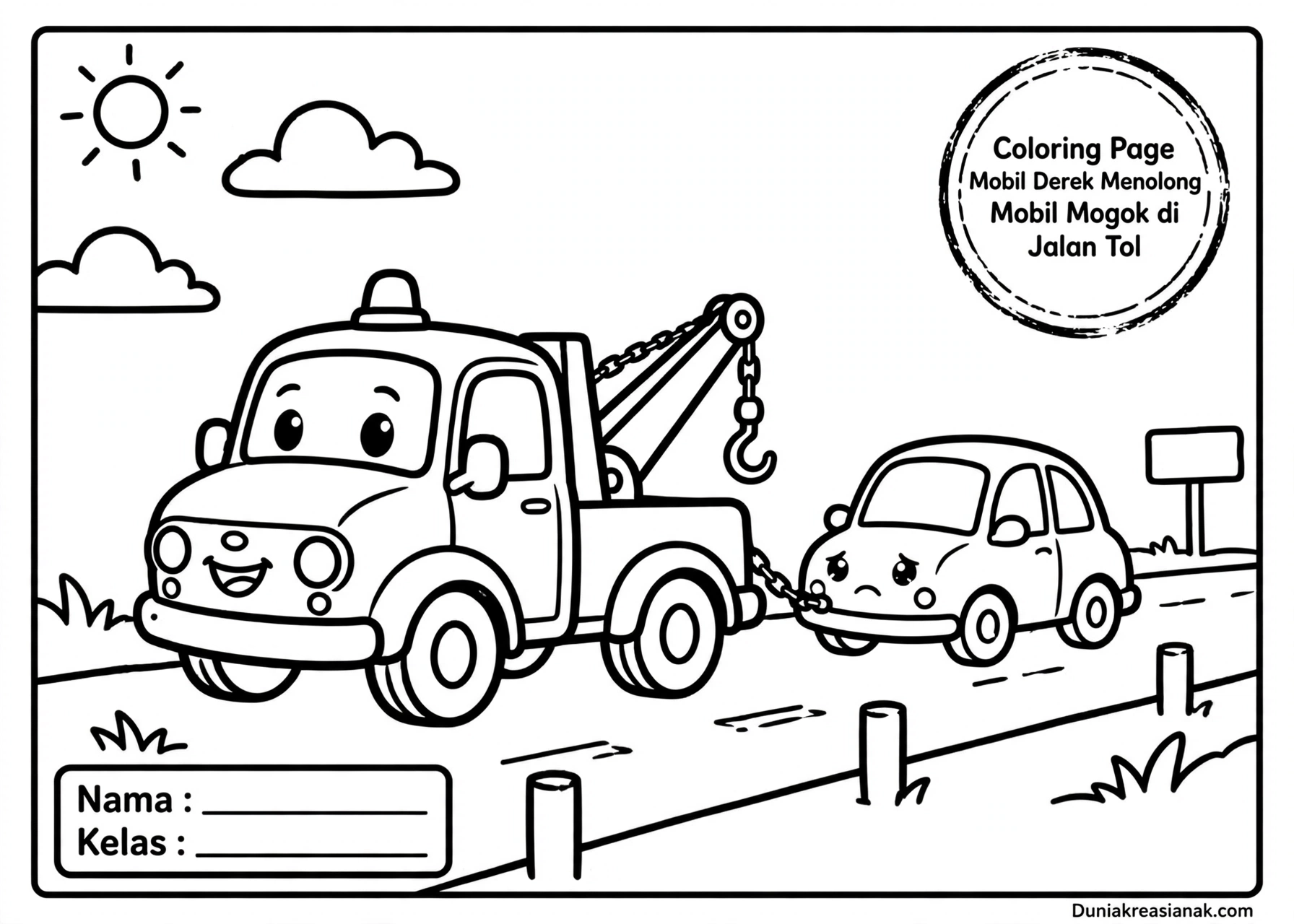 Coloring Page Mobil Derek Menolong Mobil Mogok di Jalan Tol 5Y