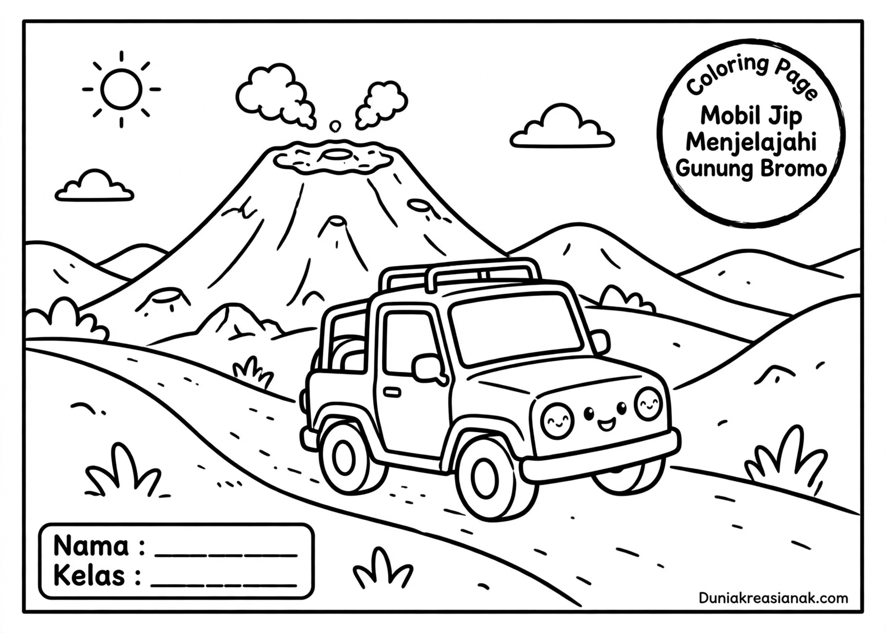 Coloring Page Mobil Jip Menjelajahi Gunung Bromo 5Y