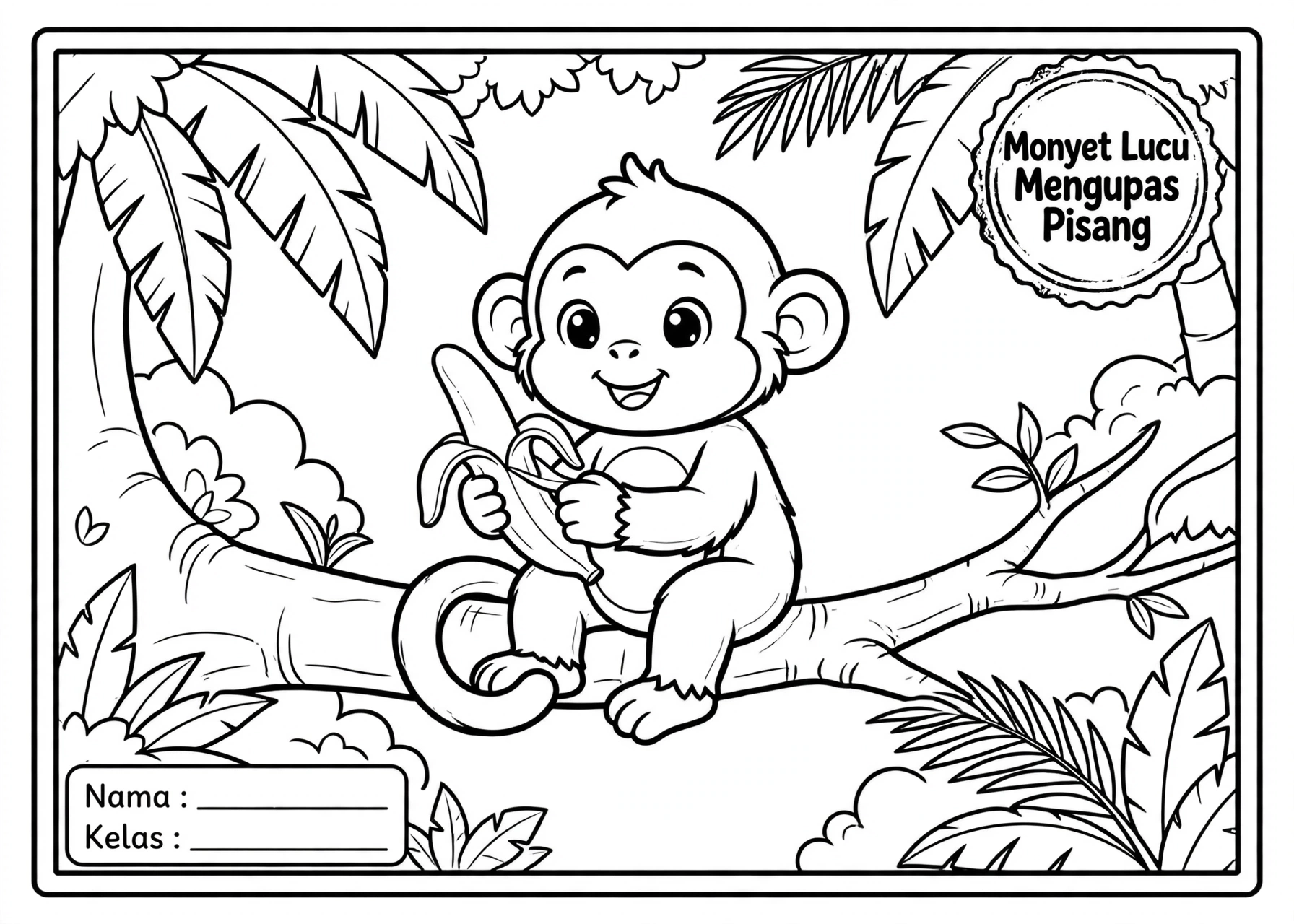 Coloring Page Monyet Lucu Mengupas Pisang 6Y