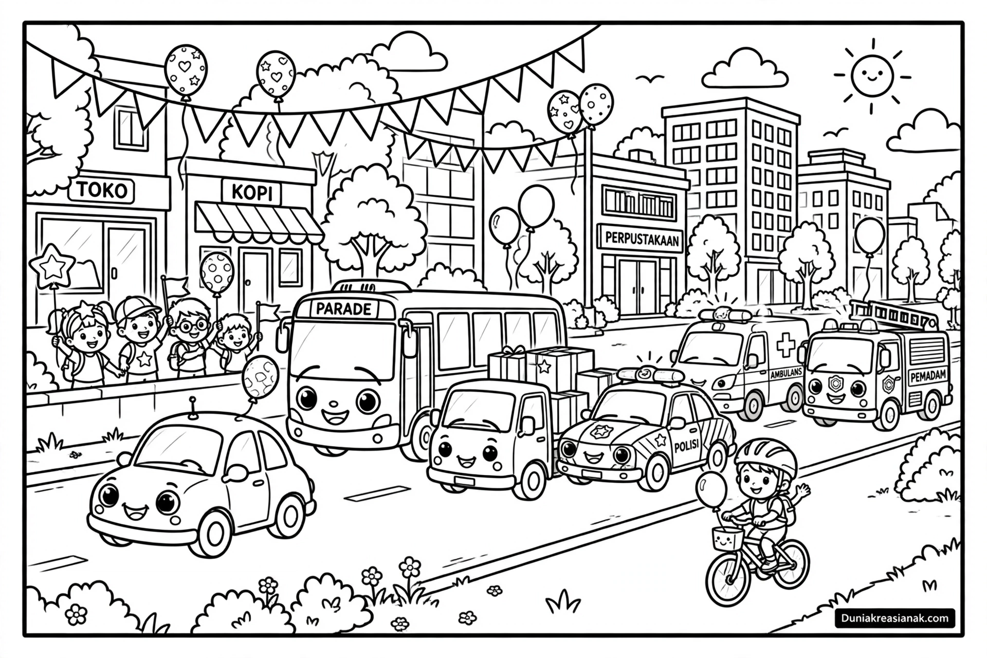 Coloring Page Parade Kendaraan Lucu di Jalan Raya