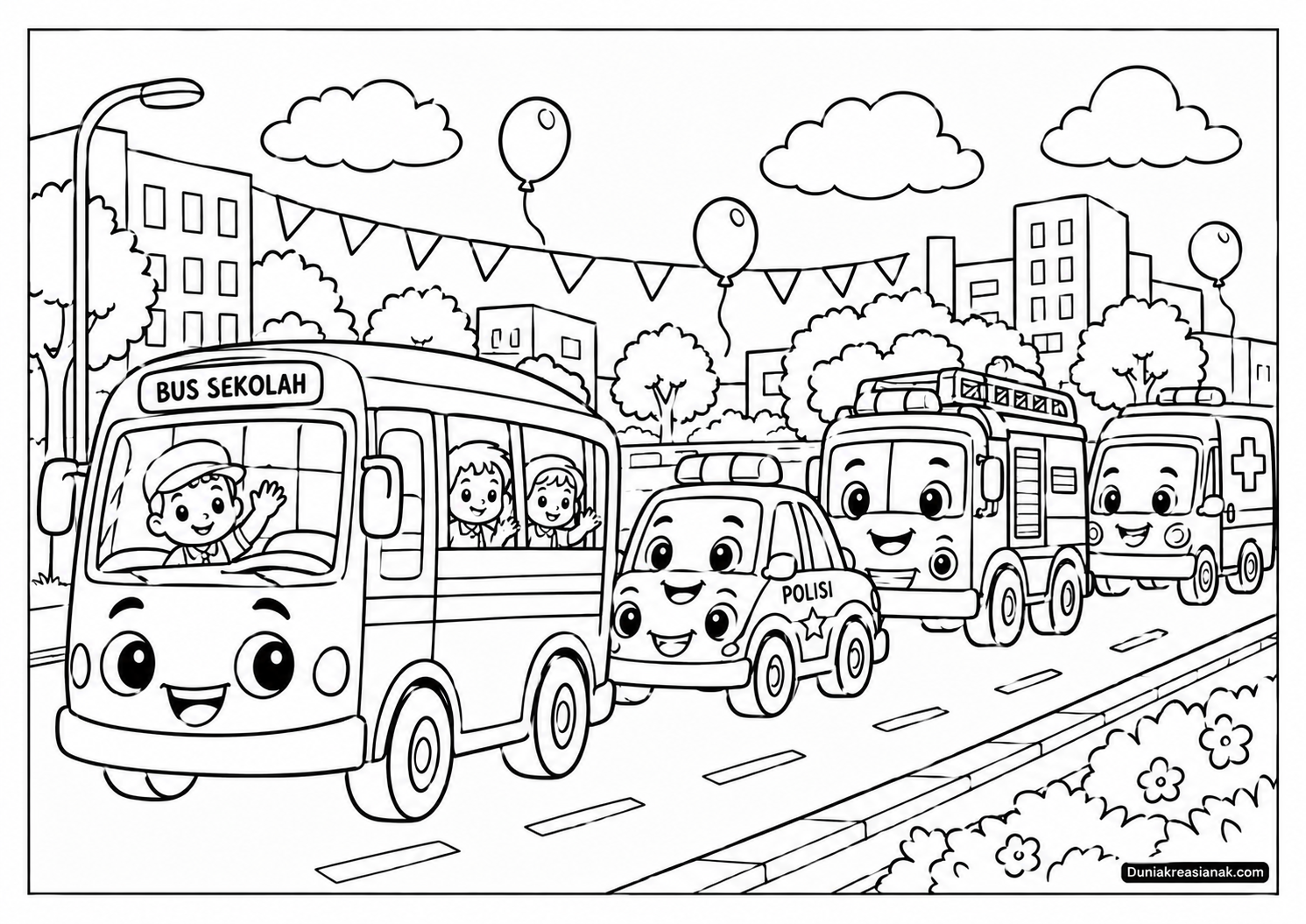 Coloring Page Parade Kendaraan Lucu