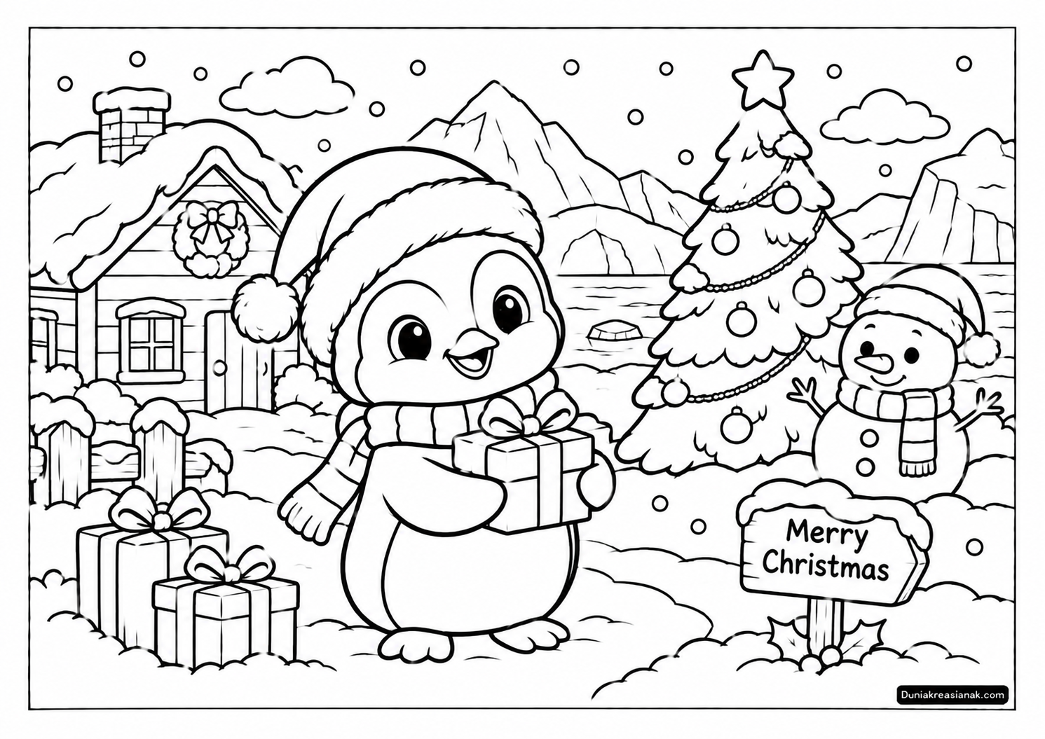 Coloring Page Penguin Kecil Merayakan Natal di Negeri Salju