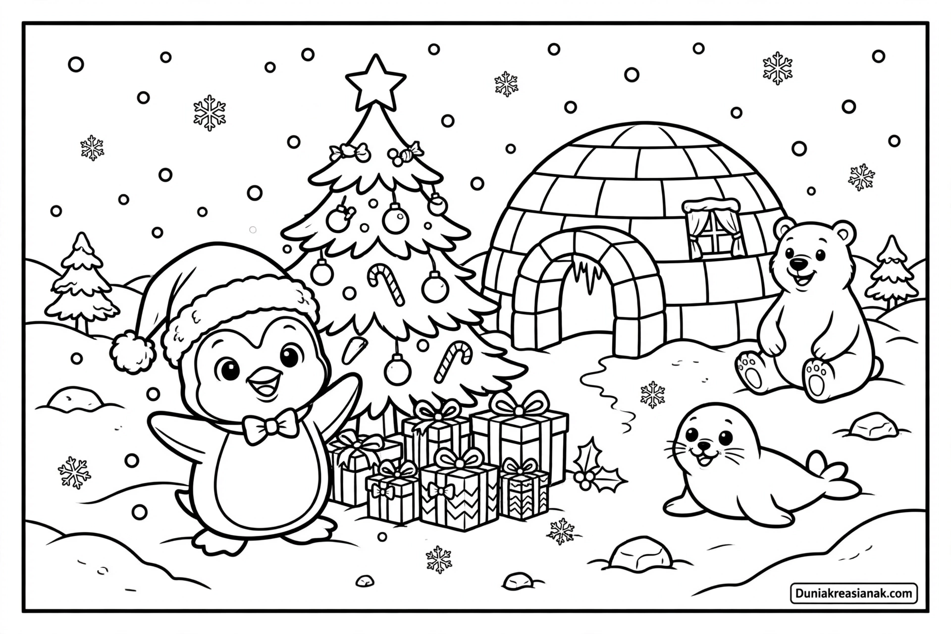 Coloring Page Penguin Merayakan Natal