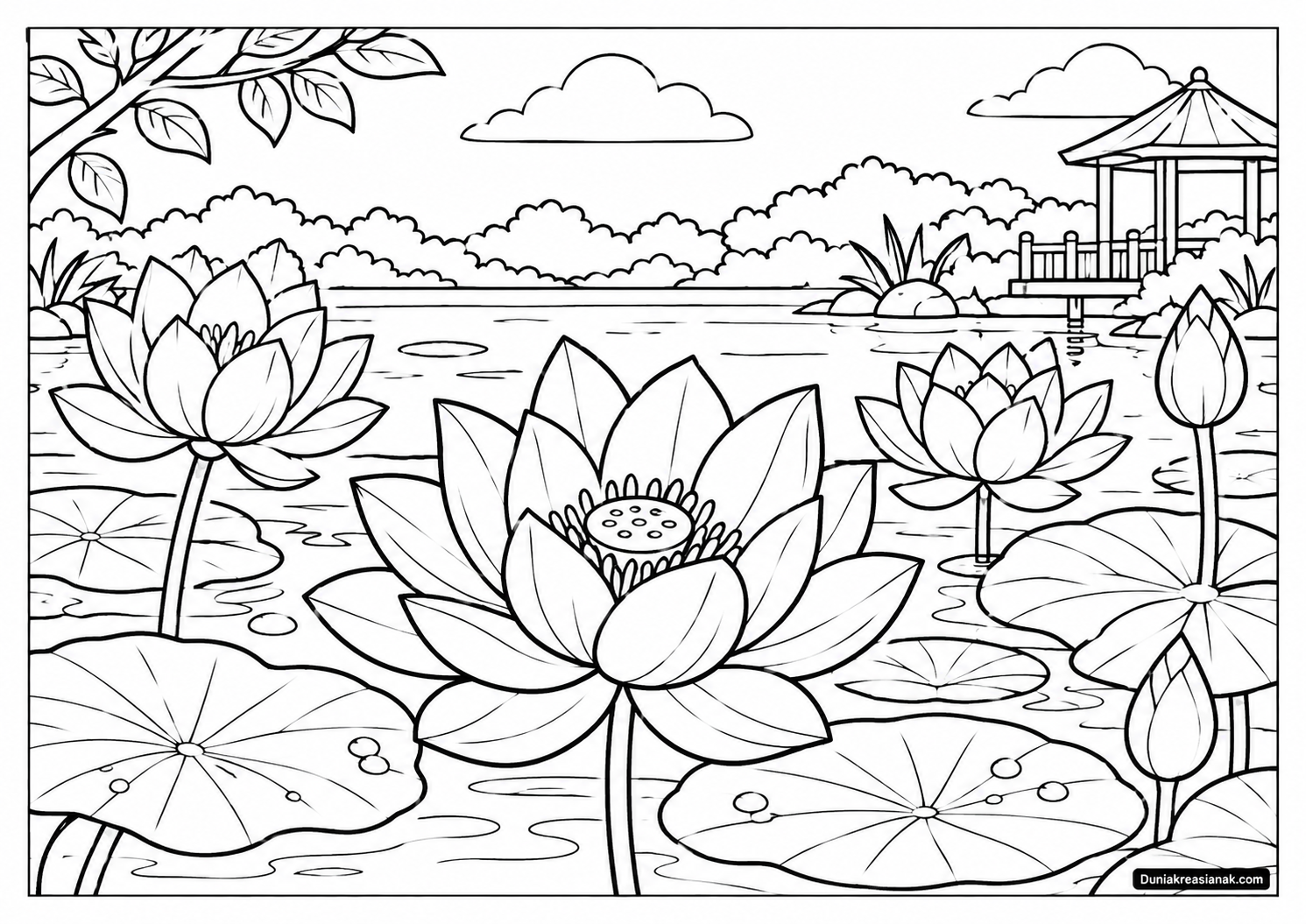 Coloring Page Pesona Bunga Lotus di Atas Air Tenang