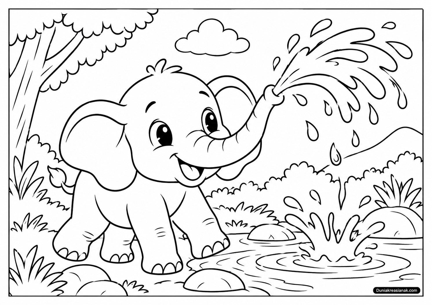 Coloring Page Petualangan Seru Anak Gajah Menyemprot Air