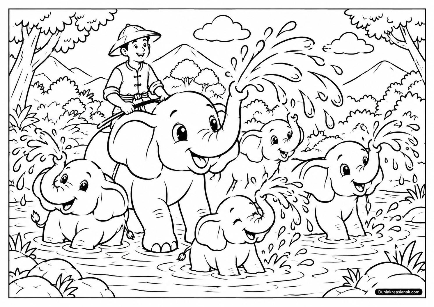 Coloring Page Petualangan Seru Pawang dan Gajah Menyemprot Air