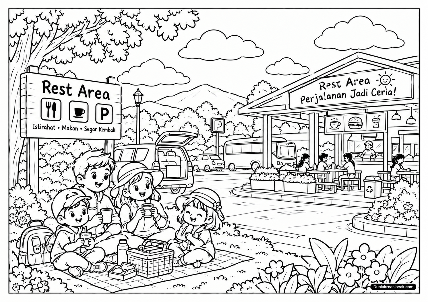 Coloring Page Rest Area Indah Perjalanan Jadi Ceria