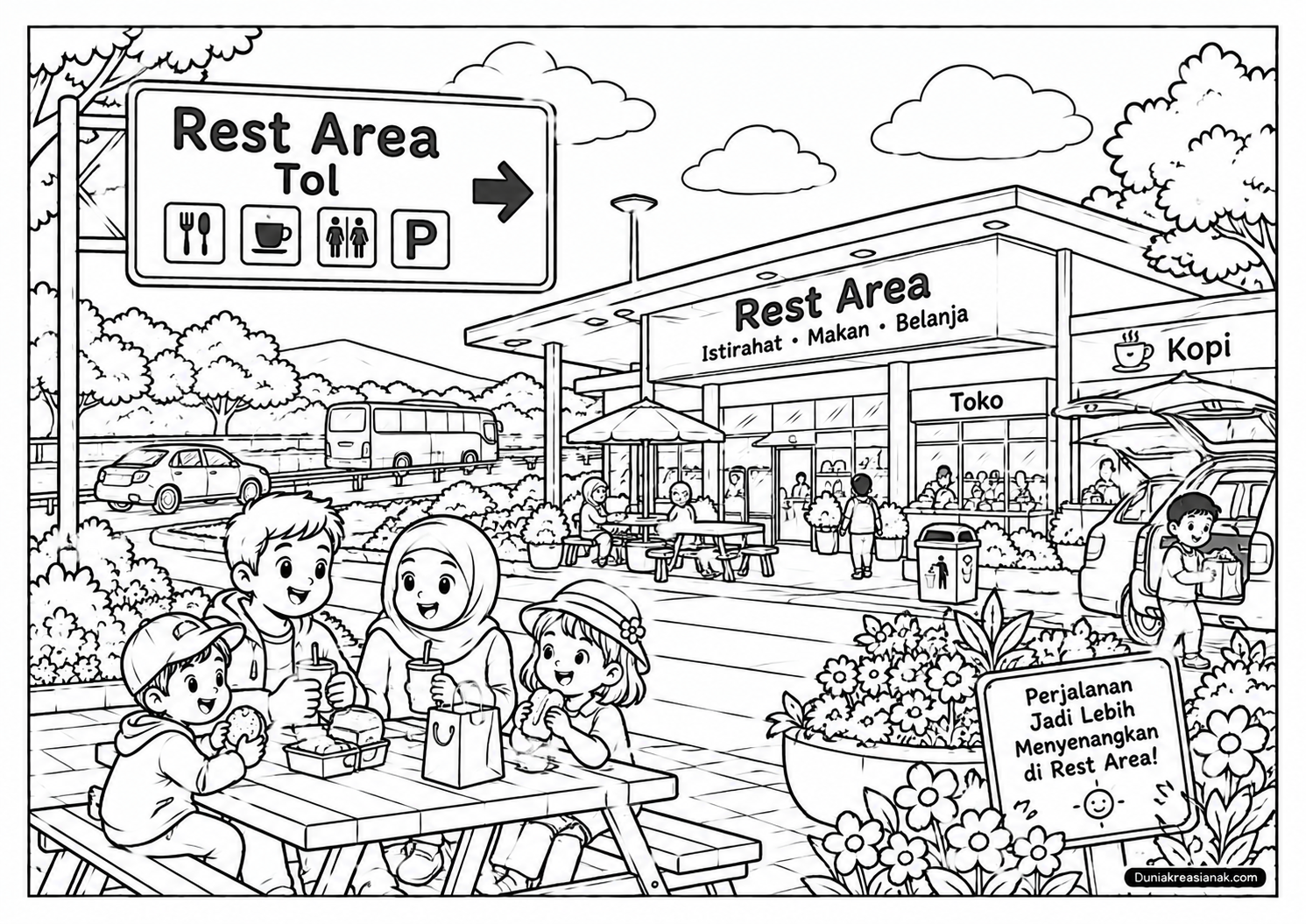 Coloring Page Rest Area Tol Perjalanan Jadi Ceria
