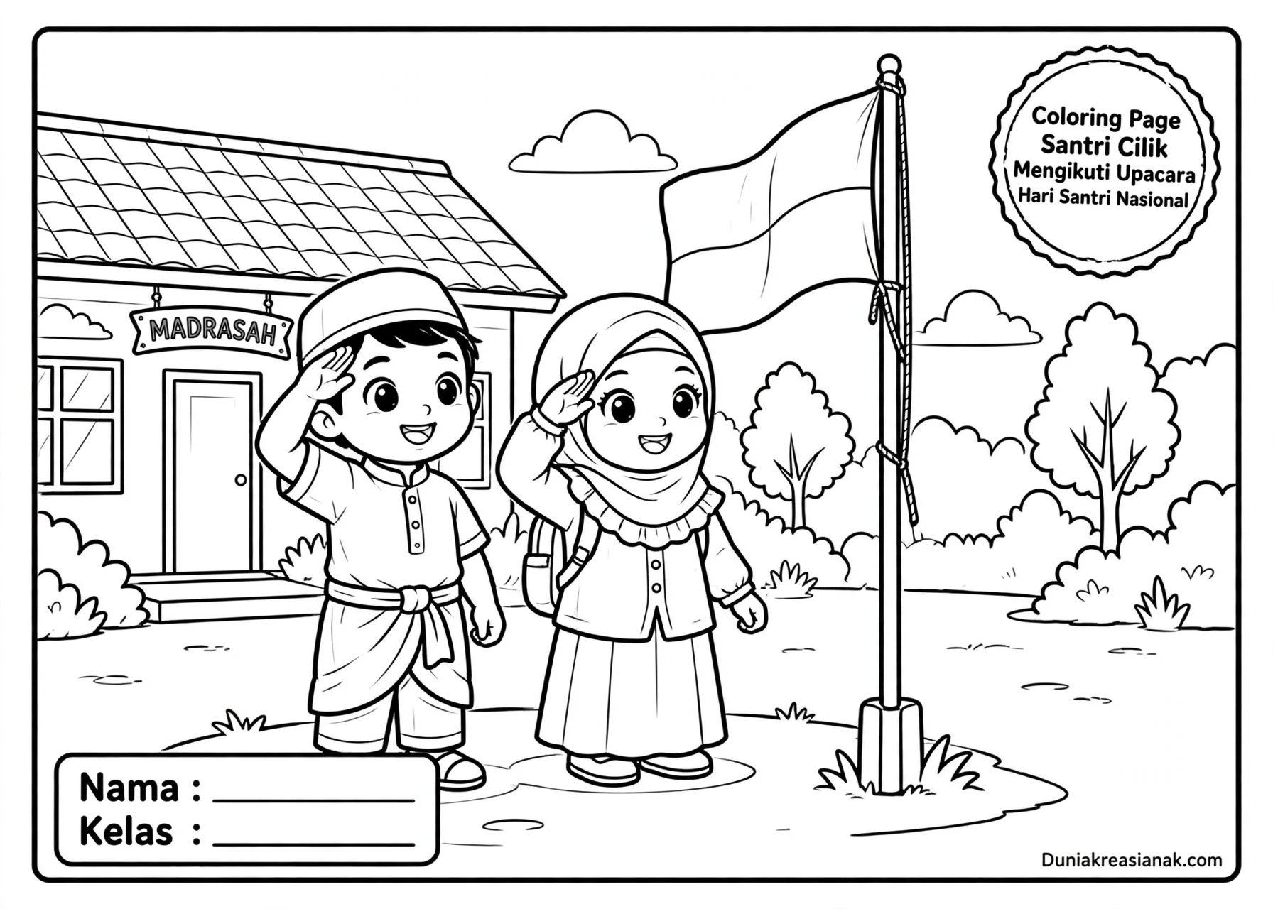 Coloring Page Santri Cilik Mengikuti Upacara Hari Santri Nasional 6Y