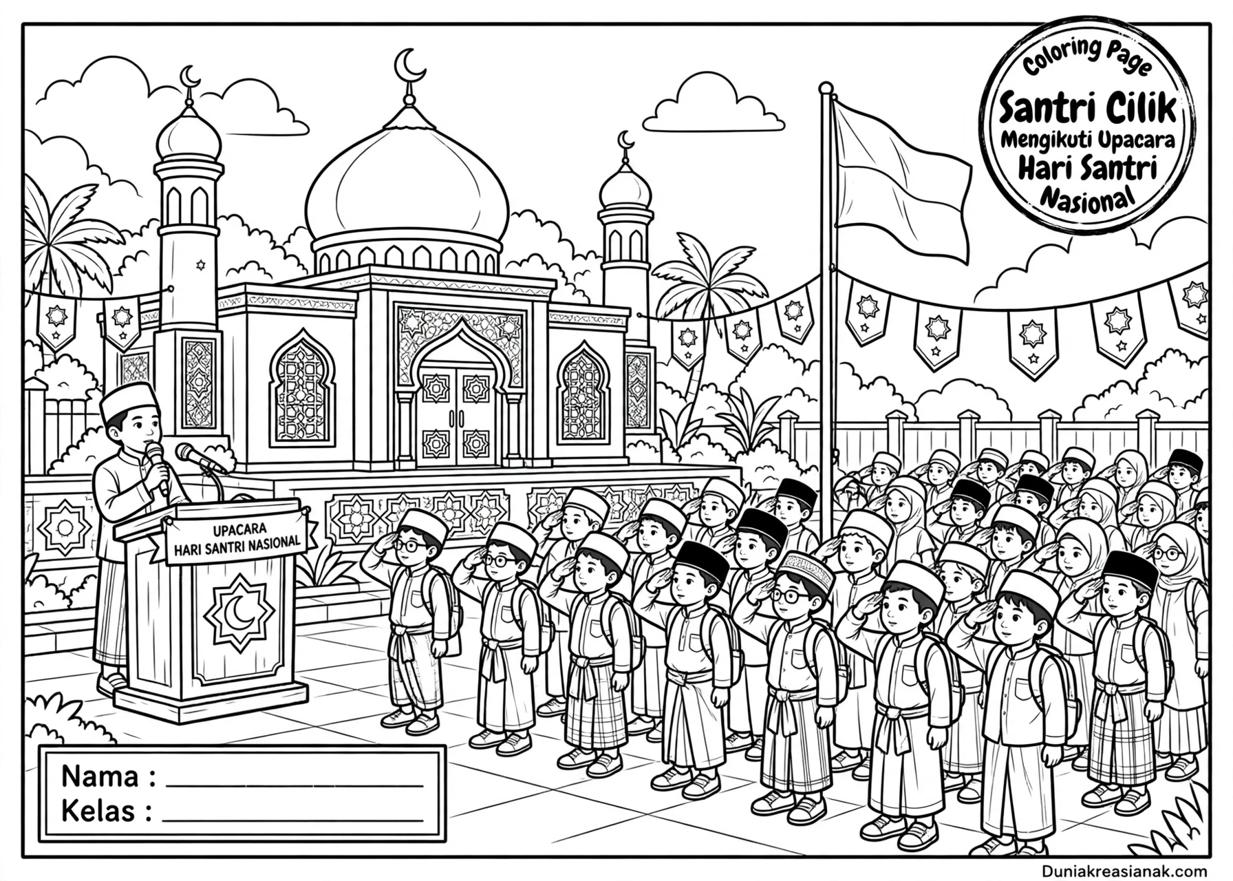 Coloring Page Santri Cilik Mengikuti Upacara Hari Santri Nasional 7Y