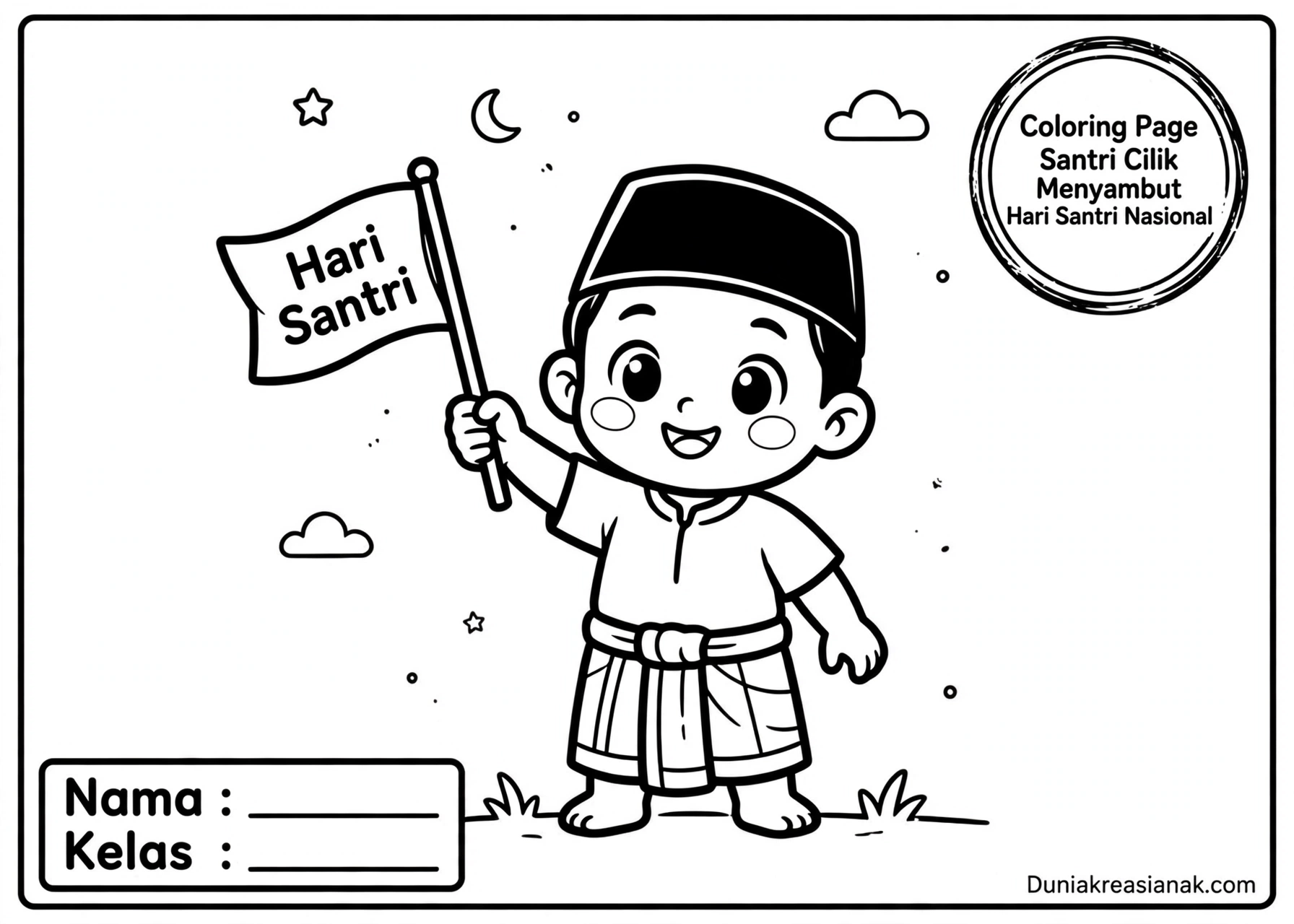 Coloring Page Santri Cilik Menyambut Hari Santri Nasional 5Y