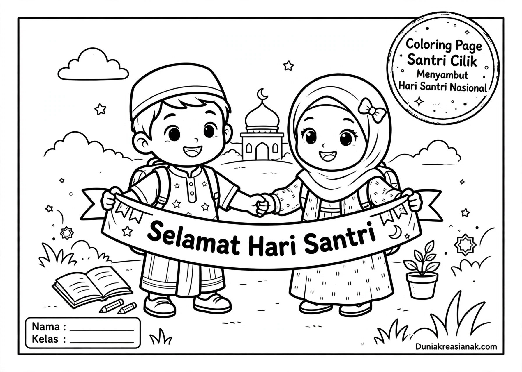 Coloring Page Santri Cilik Menyambut Hari Santri Nasional 7Y