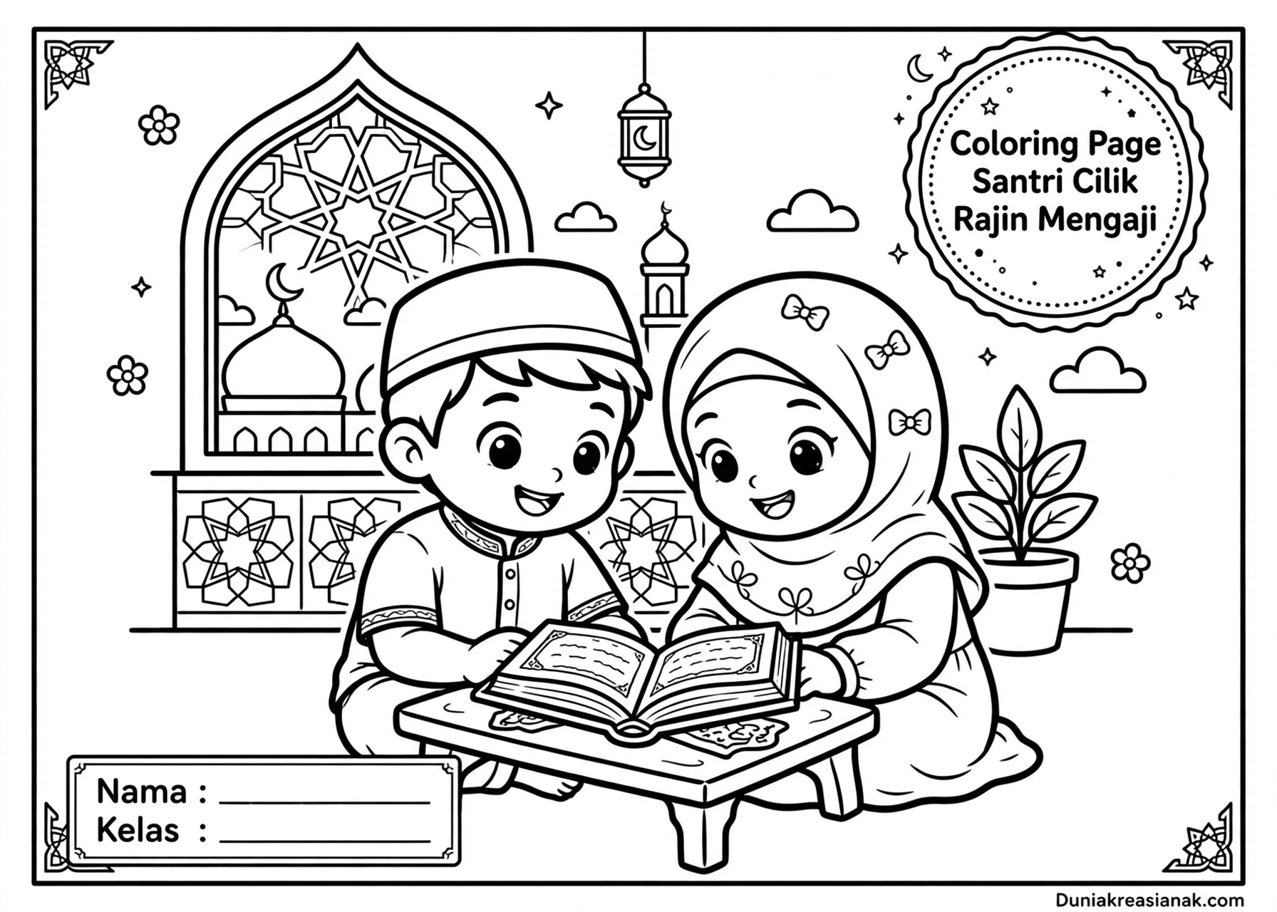 Coloring Page Santri Cilik Rajin Mengaji 6Y