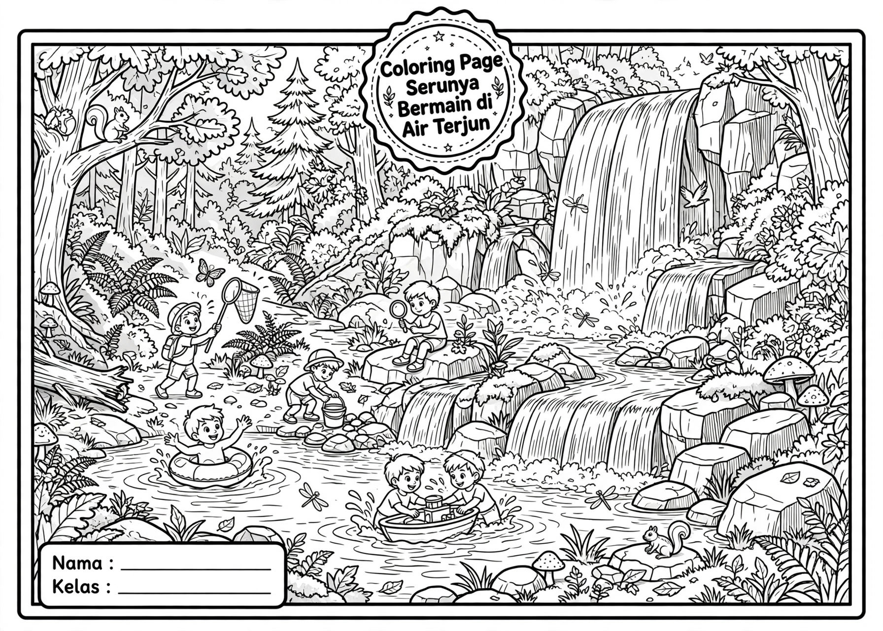 Coloring Page Serunya Bermain di Air Terjun SD
