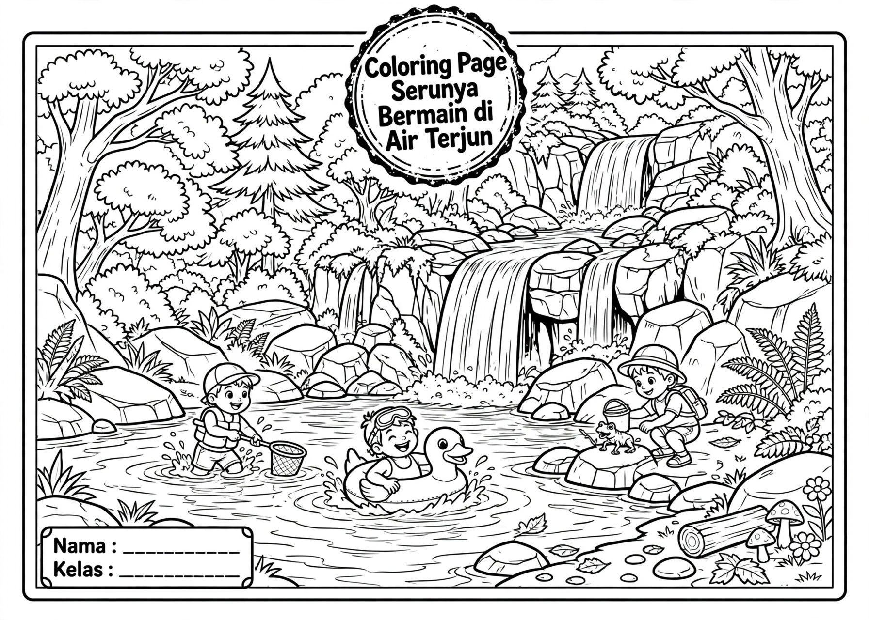 Coloring Page Serunya Bermain di Air Terjun TK