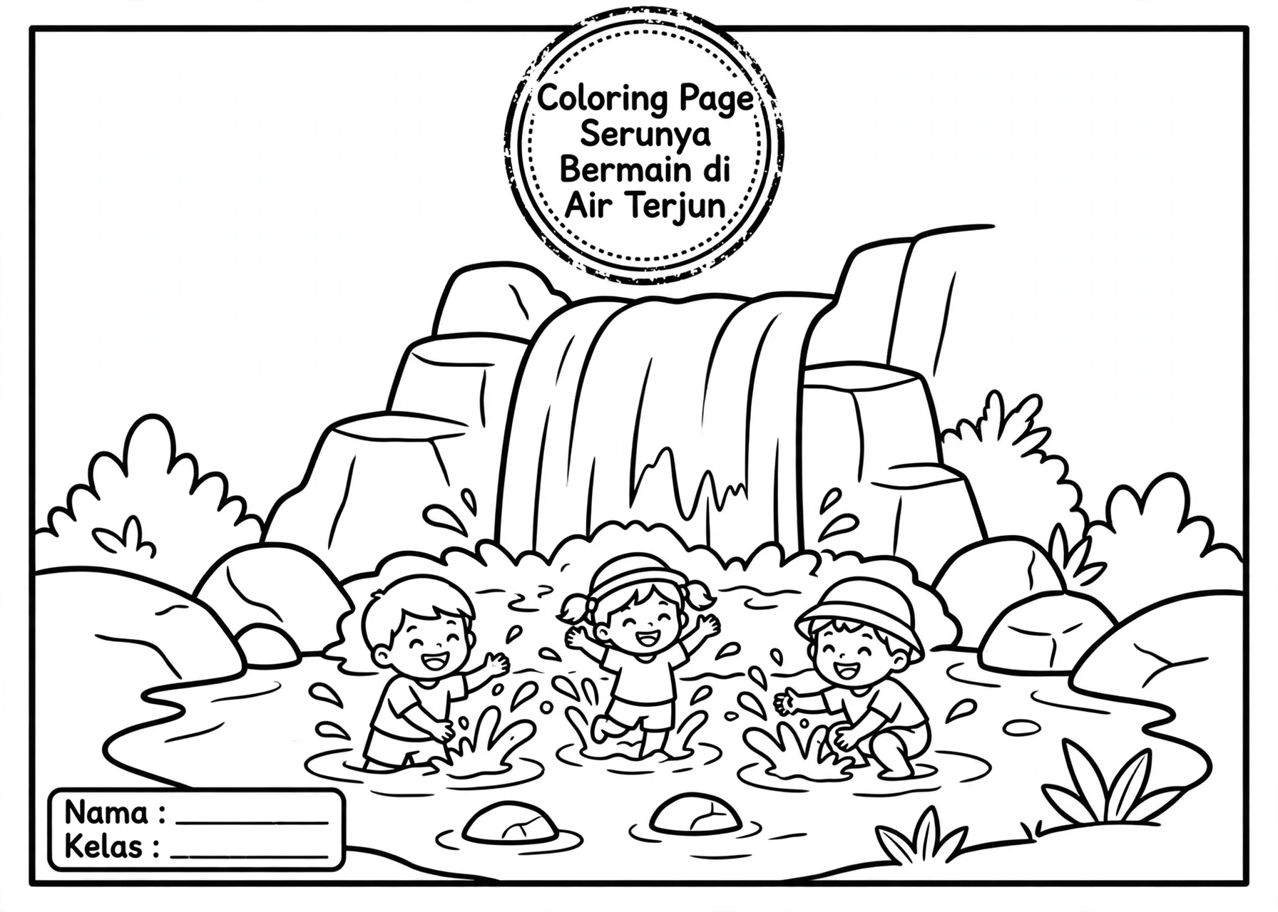 Coloring Page Serunya Bermain di Air Terjun
