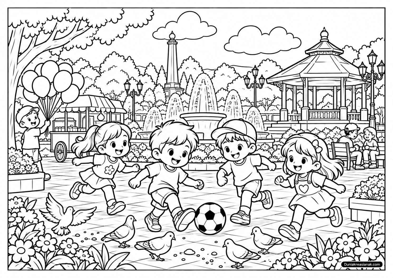 Coloring Page Serunya Bermain di Alun Alun Bersama Sahabat