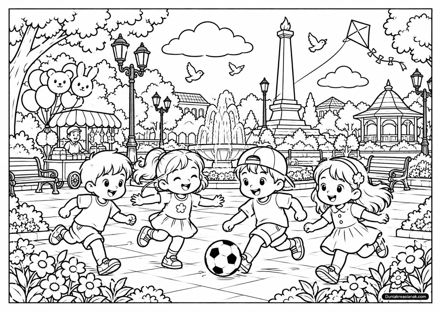 Coloring Page Serunya Bermain di Alun Alun Kota Bersama Sahabat