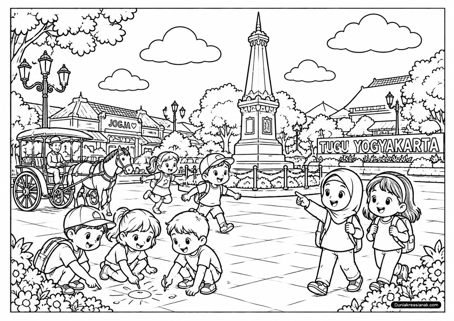 Coloring Page Serunya Bermain di Alun Alun Yogya Bersama Sahabat