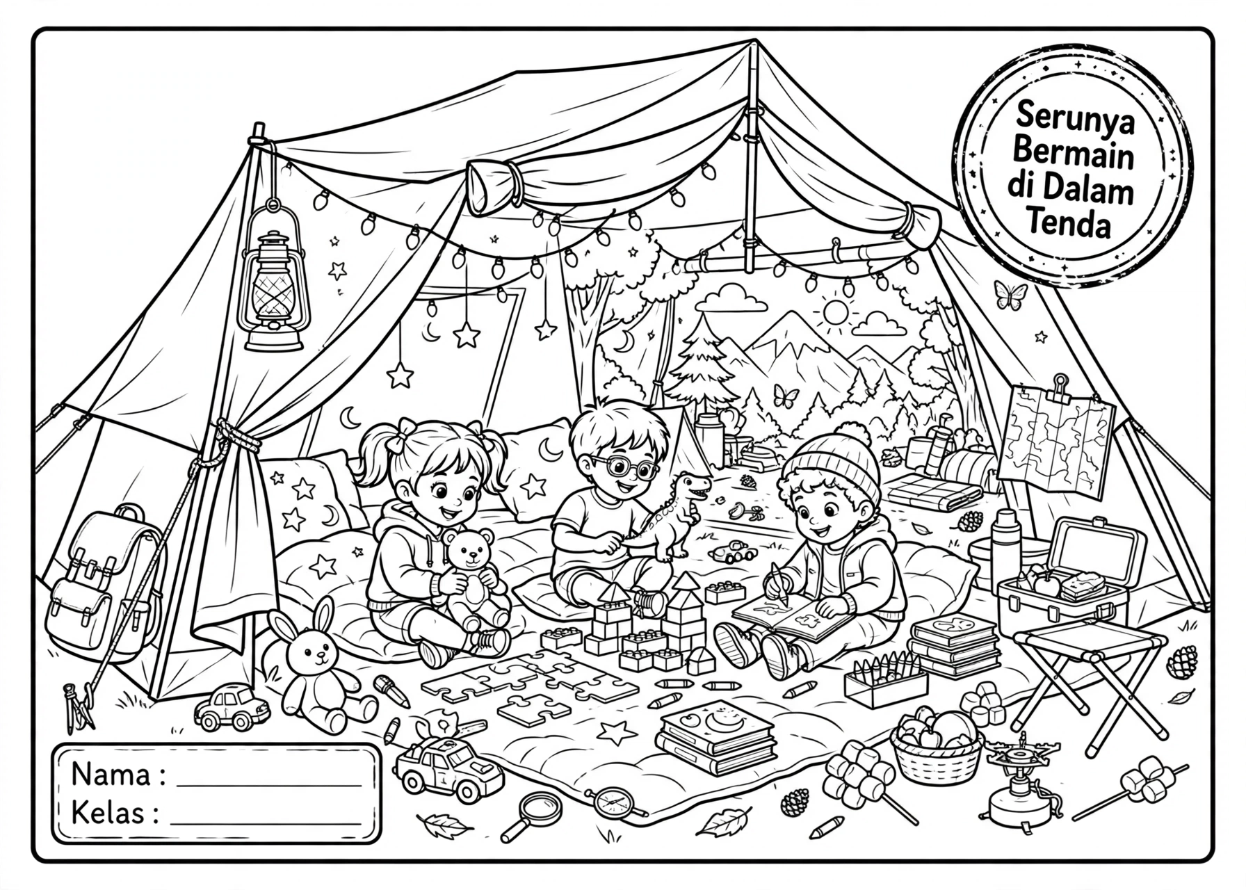 Coloring Page Serunya Bermain di Dalam Tenda 7Y