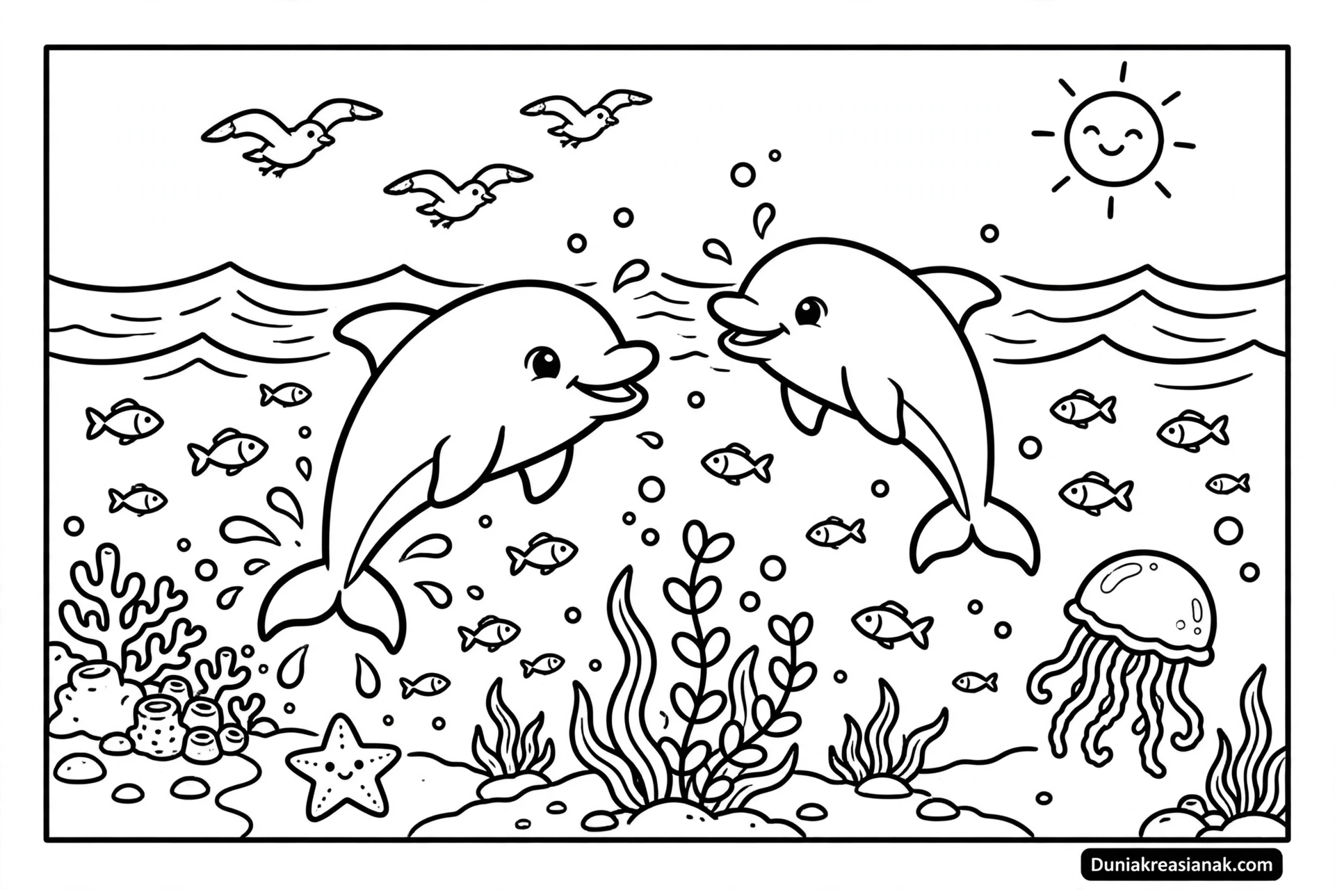 Coloring Page Serunya Lumba Lumba di Laut