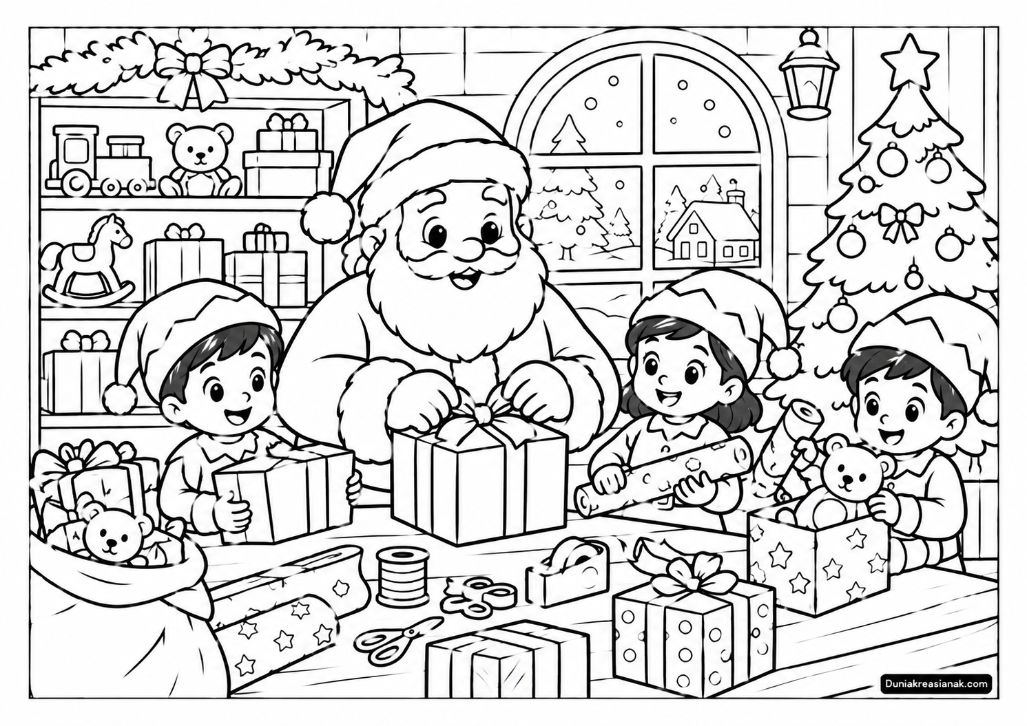 Coloring Page Serunya Membantu Santa Menyiapkan Hadiah