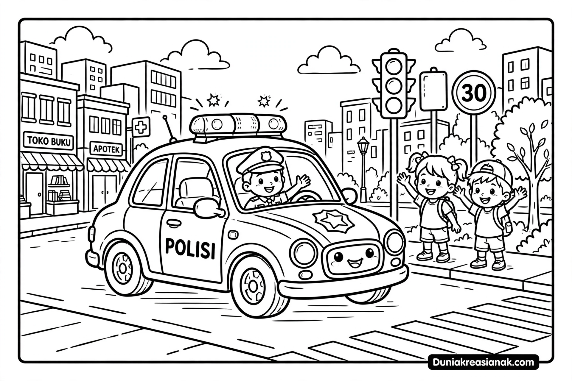 Coloring Page Serunya Mobil Polisi Berpatroli