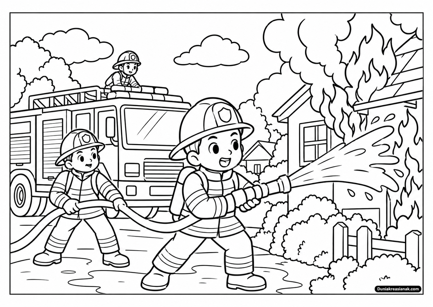 Coloring Page Serunya Pemadam Kebakaran Memadamkan Api