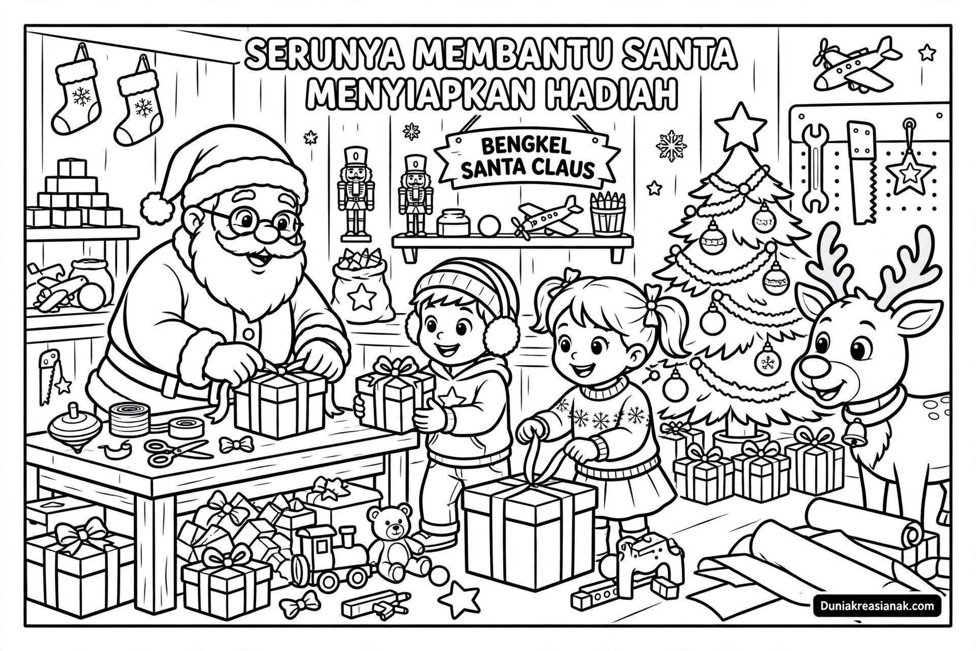 Coloring Page Serunya Santa Menyiapkan Hadiah