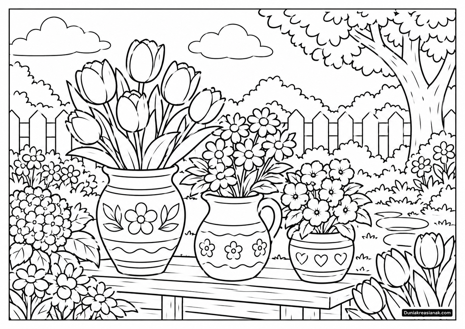 Coloring Page Taman Bunga dengan Vas
