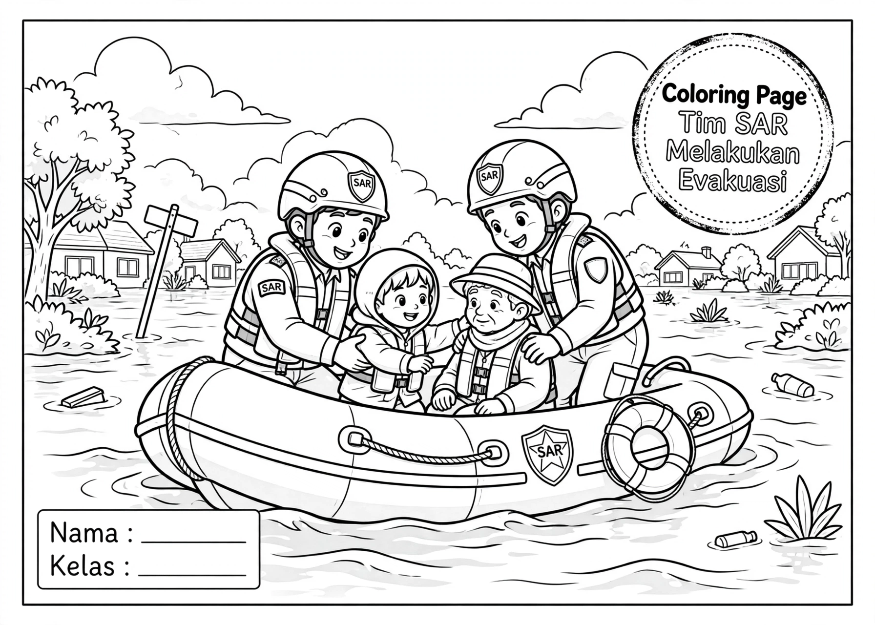 Coloring Page Tim SAR Melakukan Evakuasi 6Y