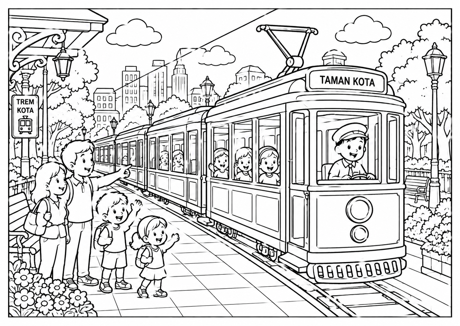 Coloring Page Trem Antik di Kota untuk Anak 3 Coloring Page Trem Antik di Kota Bersama Ayah Bunda