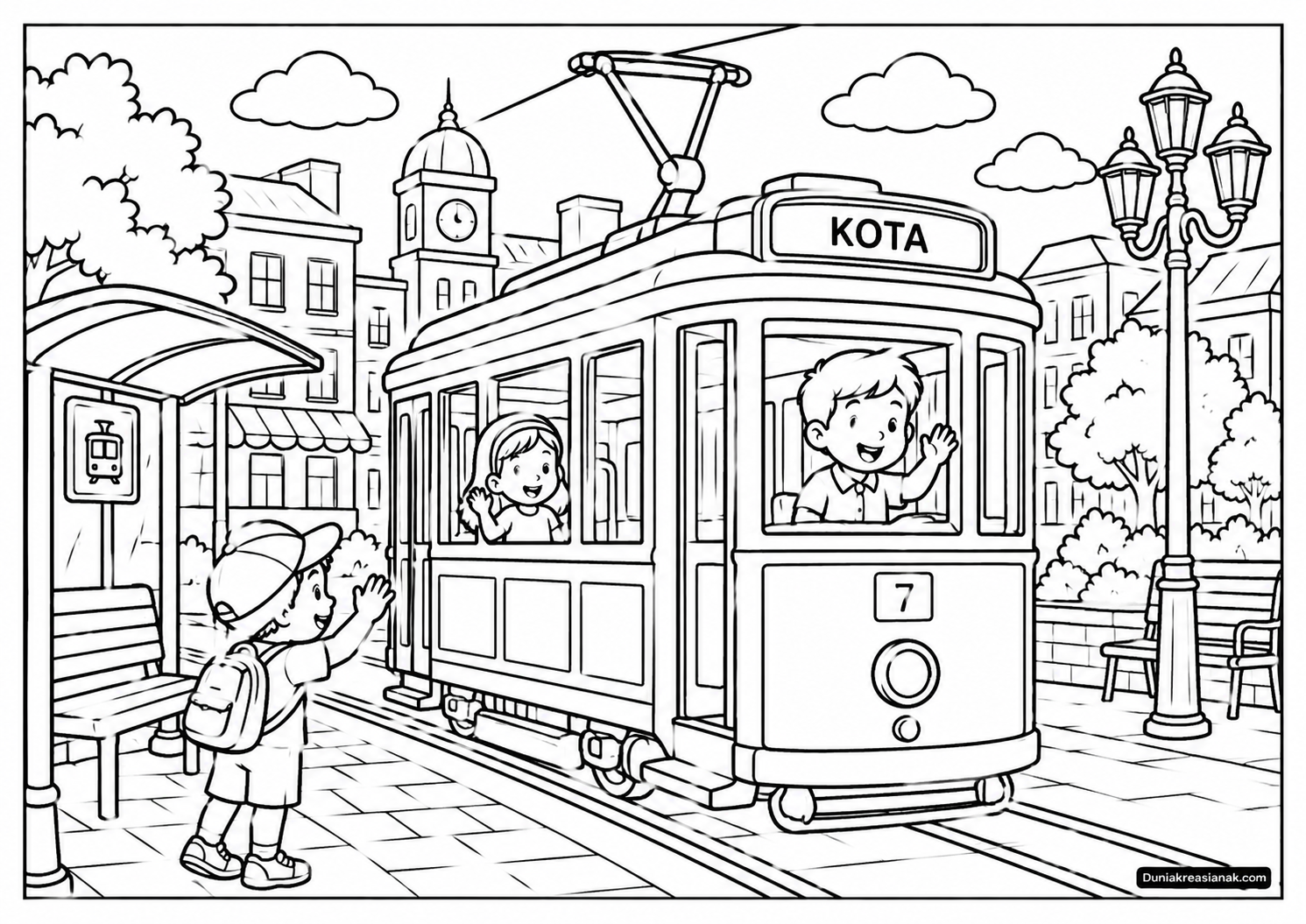 Coloring Page Trem Antik di Kota untuk Anak 2 Coloring Page Trem Antik di Kota untuk Anak di Halte
