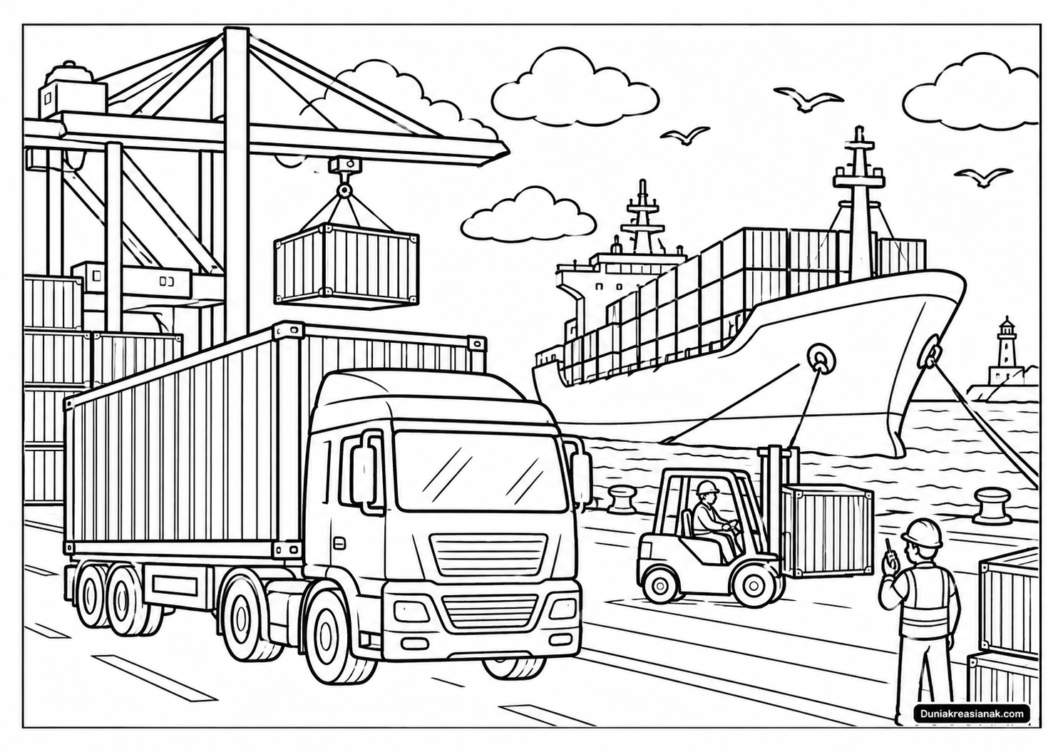Coloring Page Truk Kontainer dan Kapal Kargo di Pelabuhan