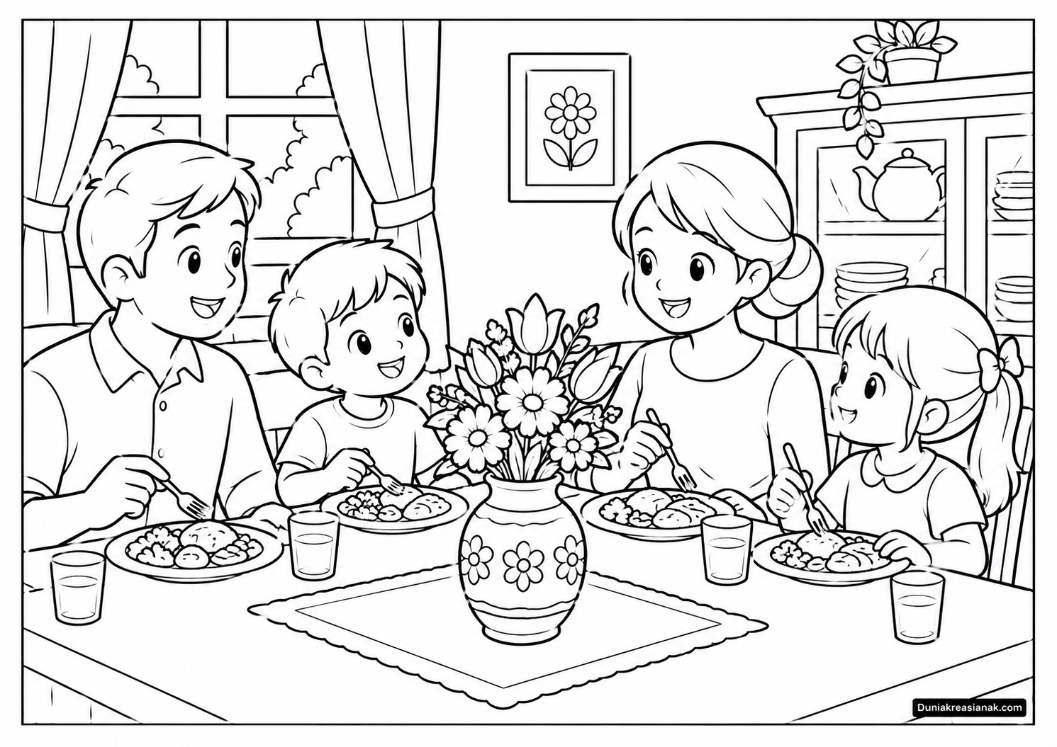 Coloring Page Vas Bunga di Ruang Makan Bersama Keluarga