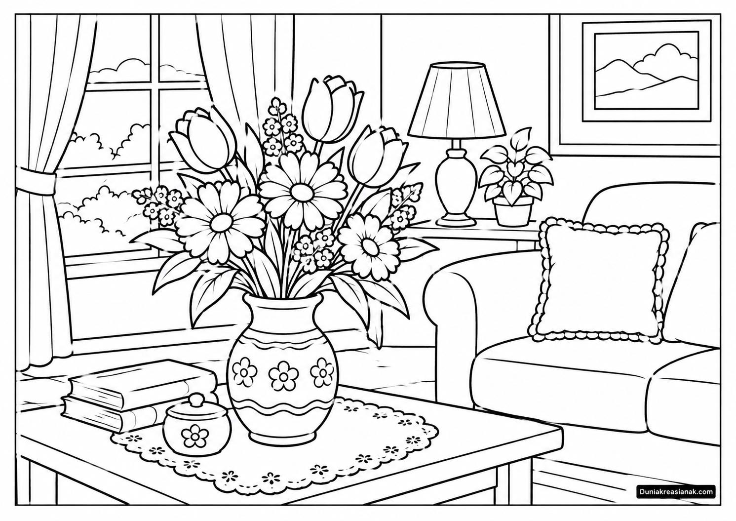 Coloring Page Vas Bunga di Ruang Tamu