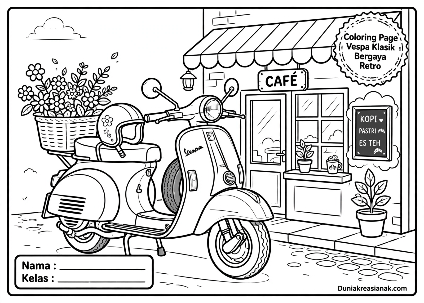 Coloring Page Vespa Klasik Bergaya Retro 5Y