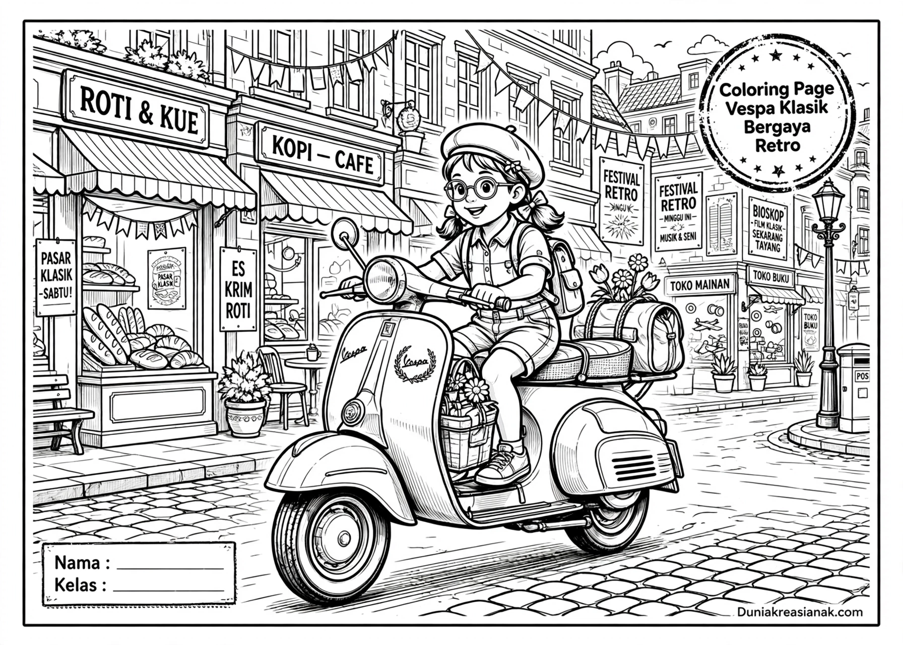 Coloring Page Vespa Klasik Bergaya Retro 6Y