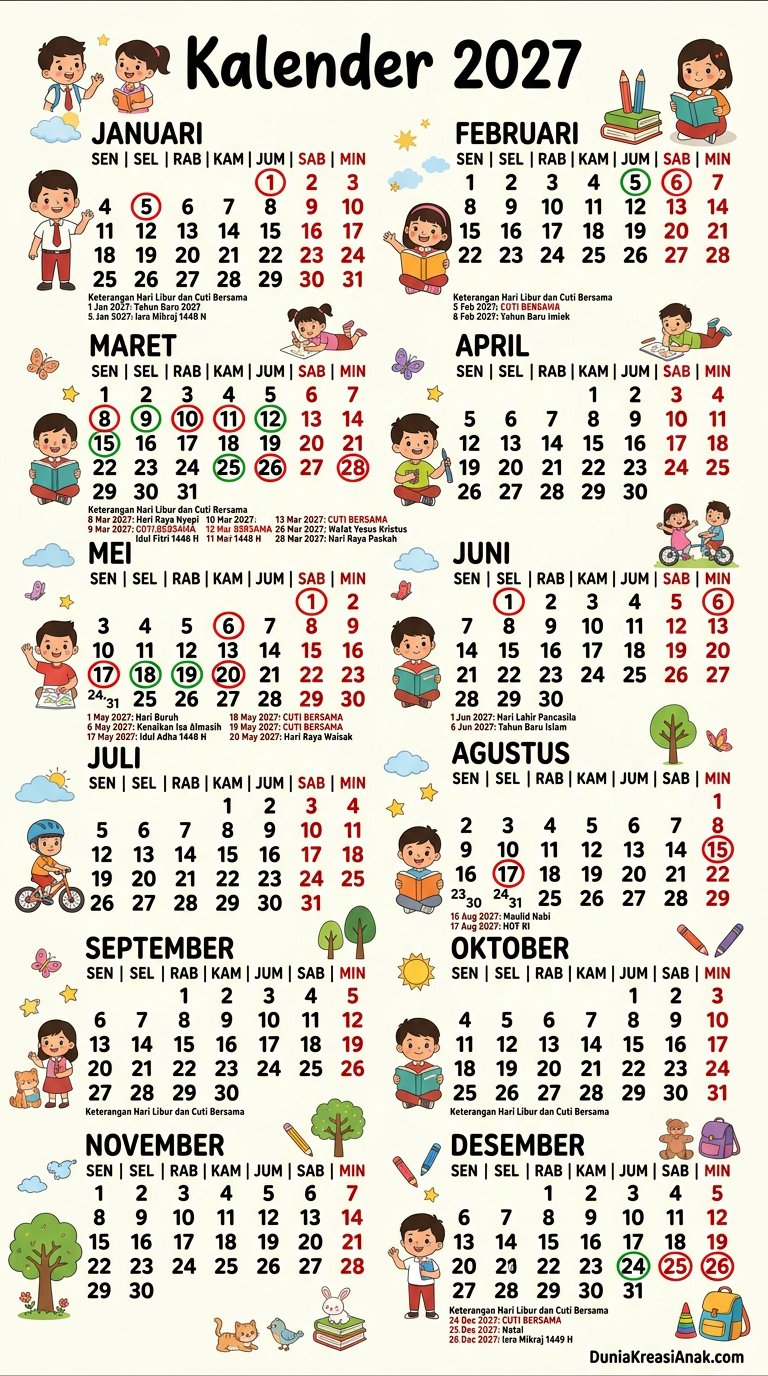 Kalender 2027 Lucu untuk Anak – Gratis dan Siap Dicetak