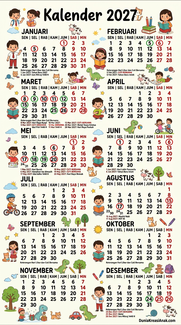 Kalender 2027 untuk Anak – Gratis, Printable dan Siap Dicetak