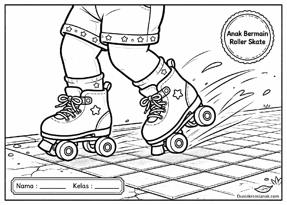 coloring page anak bermain roller skate di trotoar