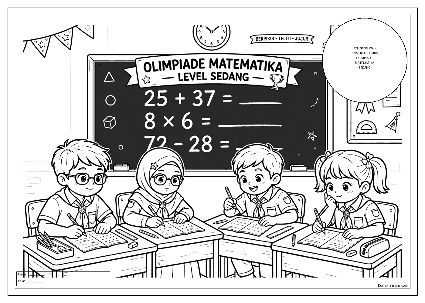 coloring page anak ikut lomba olimpiade matematika sedang