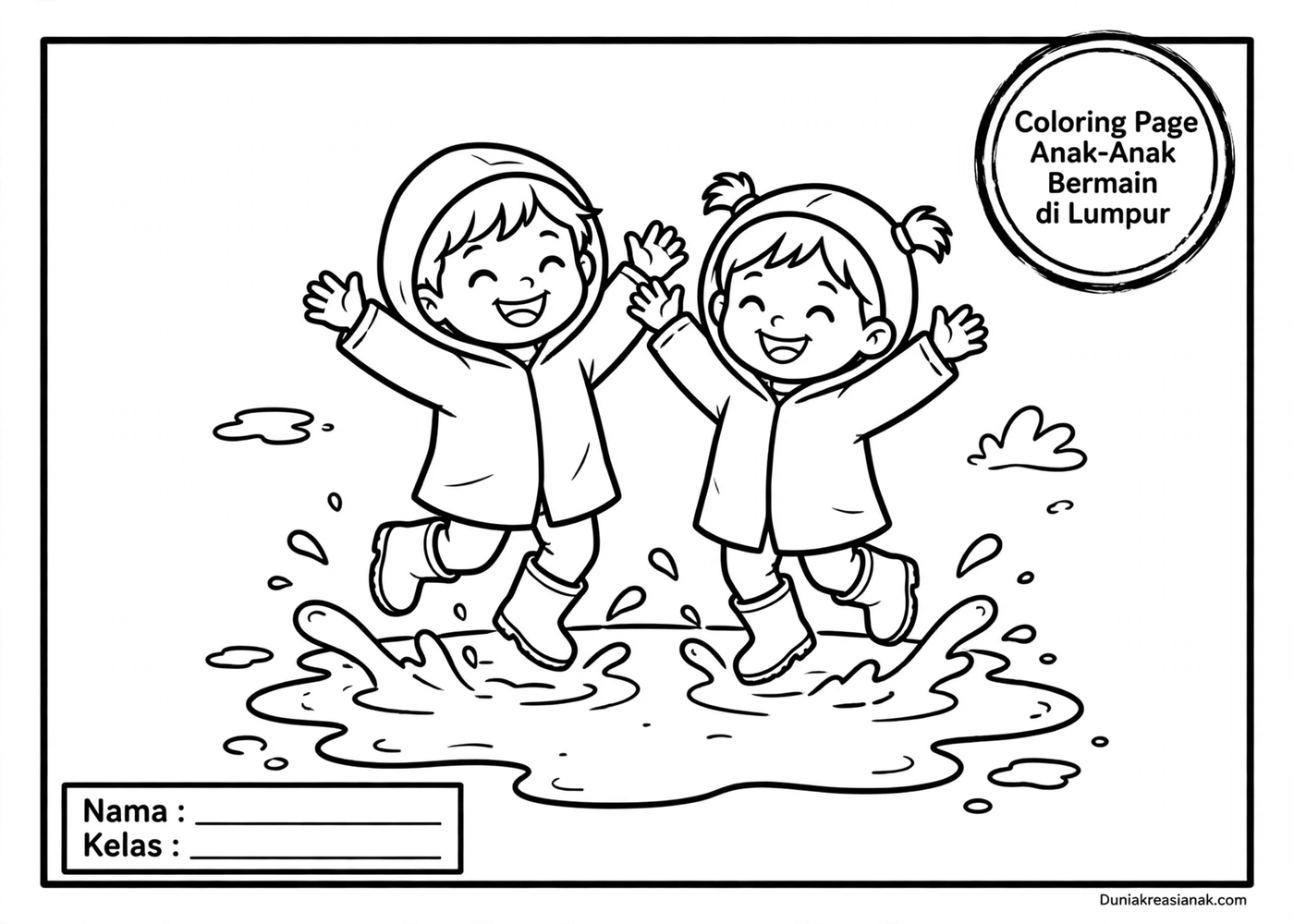 coloring page anak mudah melompat di genangan lumpur