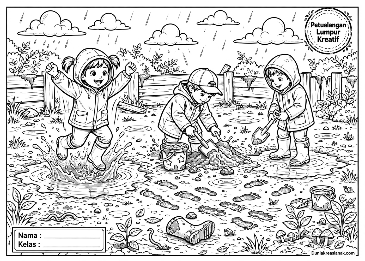 coloring page anak petualangan lumpur kreatif hujan