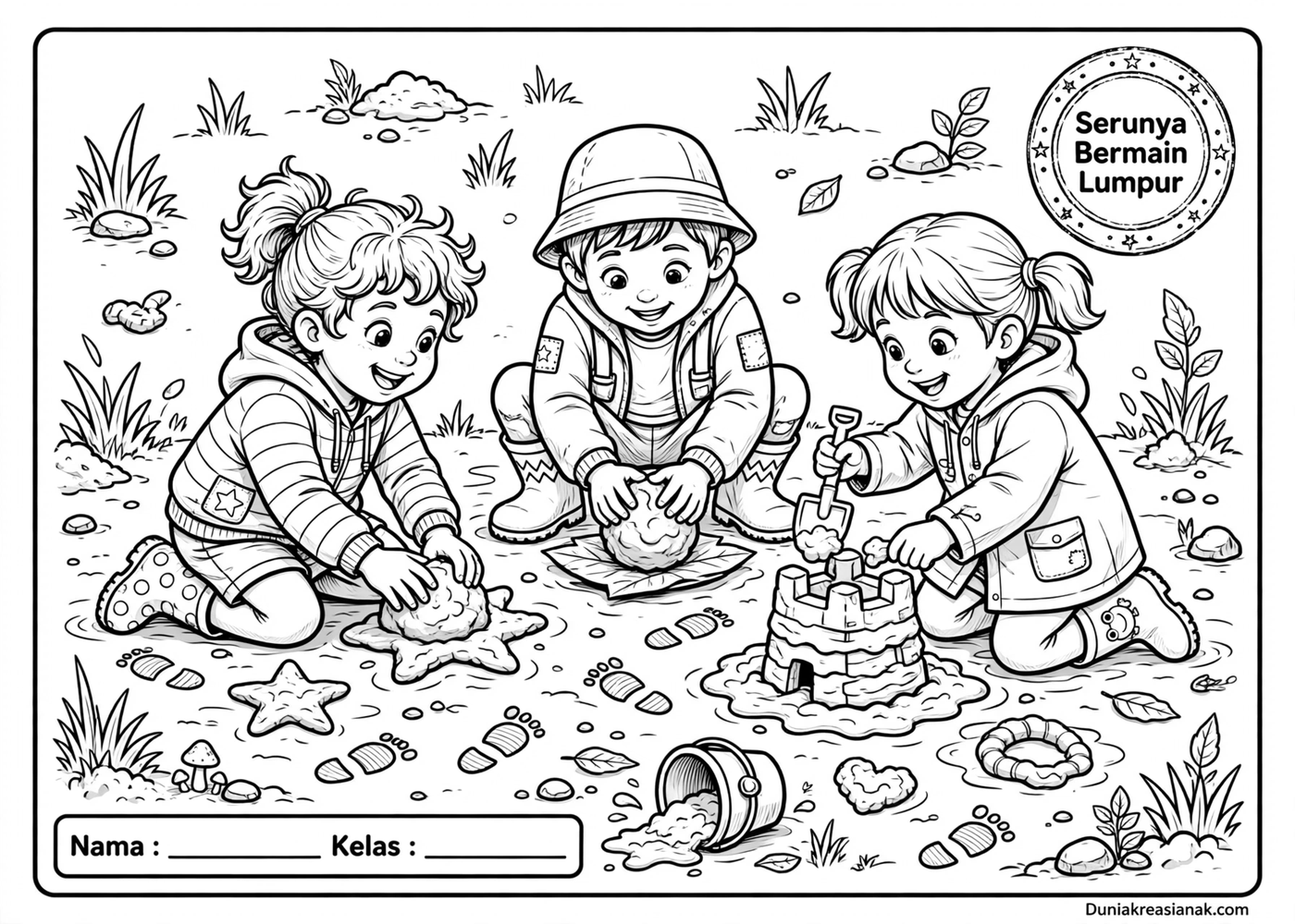 coloring page anak serunya bermain lumpur istana lumpur