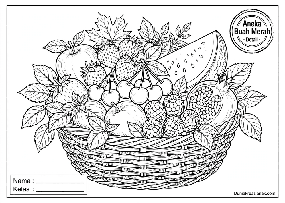 coloring page aneka buah berwarna merah detail