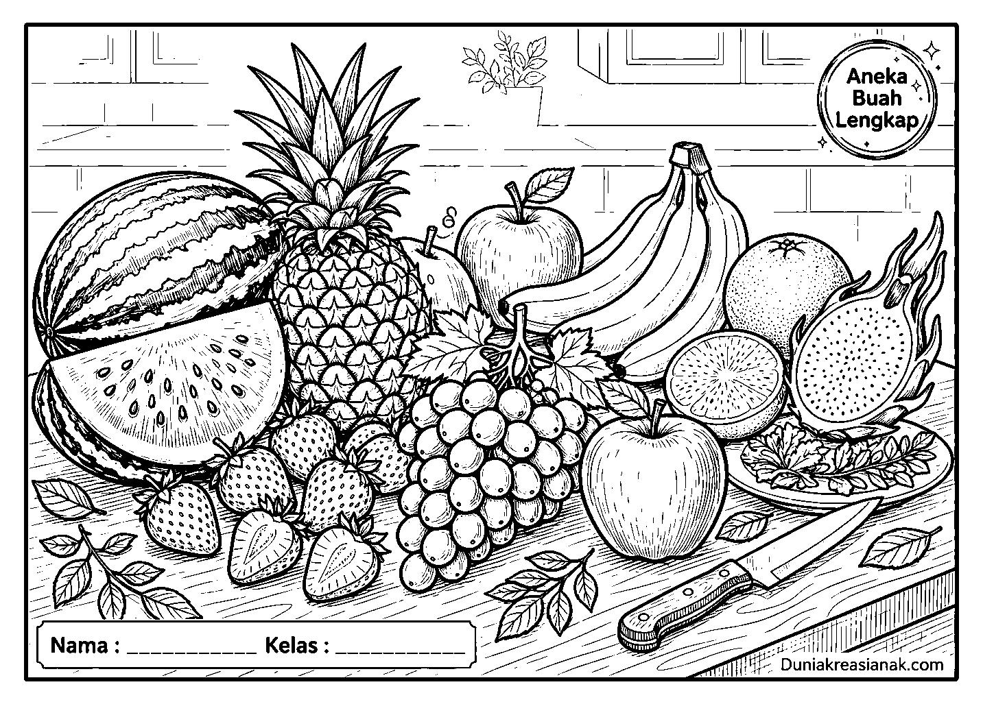 coloring page aneka buah segar dan berwarna detail